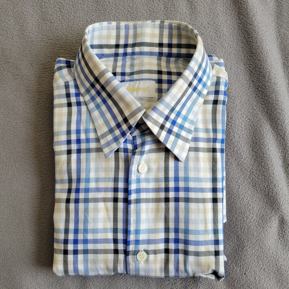 BRIONI Dress Shirt Mens Medium Blue Plaid Cotton Quiet Luxury Made In Italy